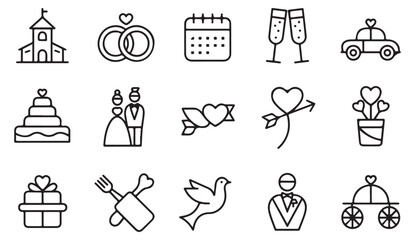 Line icons of love and marriage featuring bouquet, cake, gift and wedding car
