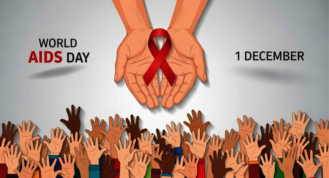 World AIDS Day: Red Ribbon Held in Hands, Raised Hands Below
