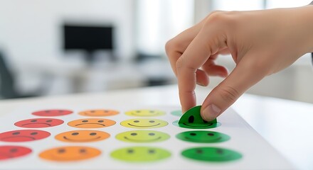 Hand Placing Green Smile Sticker on Emotion Chart in Modern Office Setting