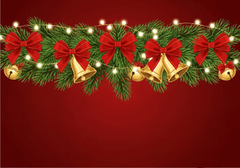 Festive Christmas garland featuring fir branches, red bows, golden bells, and twinkling lights against a rich red background.