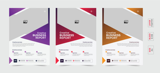 An A4 booklet template, a clean, simple advertisement flyer design with a services and about section, and a flyer cover in three different colors.