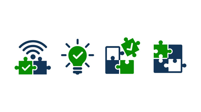 Four icons representing ideas, connection, and problemsolving with puzzle pieces and a lightbulb