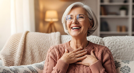 Joyful senior woman with hands on chest laughing heartily at home