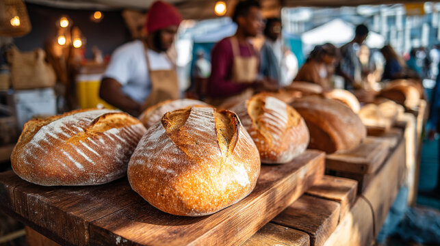Freshly baked bread loaves displayed on a wooden table at an outdoor market setting with vendors present