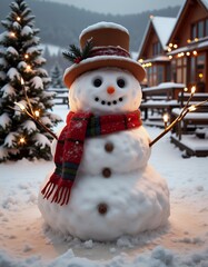 Obraz premium Cute snowman decorated with christmas lights hat and colorful scarf snowman christmas holiday decoration winter season cute snow