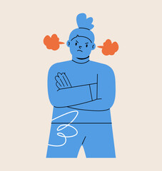 Angry girl standing in a pose, arms crossed. Colorful vector illustration