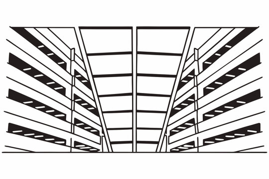 Minimilist a low angle view of a multi level parking garage interior with repetitive linear structures and shadows vector