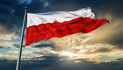 Flag of Poland Waving on a Pole Against a Stunning Sunrise Sky Background
