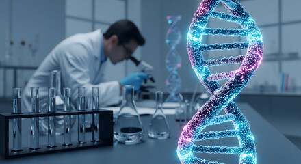 Cutting-edge DNA research happening now with scientist using microscope in lab