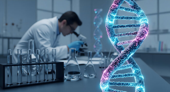 Cutting-edge DNA research happening now with scientist using microscope in lab