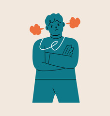 Angry boy standing in a pose, arms crossed. Colorful vector illustration