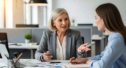Two professional women in an office discussing business at a table