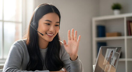 Young asian woman wearing headset waves hello during a video conference call