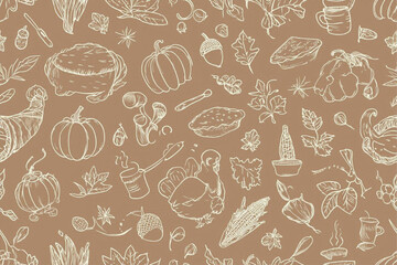 Thanksgiving seamless pattern with monochrome doodles on for wallpaper, wrapping paper, textile prints, kitchen towels, scrapbooking, packaging, etc., food, vector, sketch, illustration, doodle, set, 