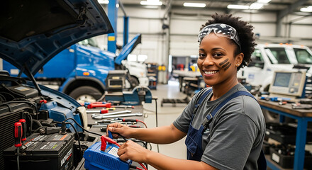 Smiling female mechanic working on car engine in a well lit auto repair shop