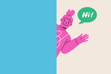 Girl waving hand. Speech bubble hi. Colorful vector illustration