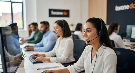 Diverse team of customer service agents working in a modern call center office