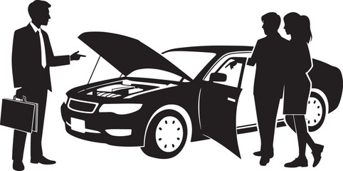 Automobile salesman silhouette pointing at open car engine compartment for potential buyers vector illustration