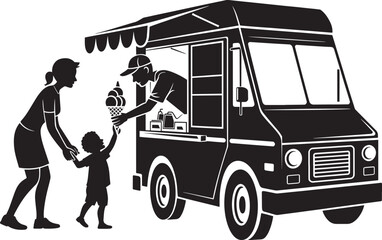 Food truck vendor selling ice cream cone to small child accompanied by mother during summer time