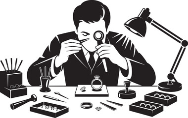 Experienced diamond appraiser examining quality and cut of precious gemstone using small tools in studio