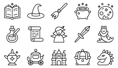 Magical fantasy icons with potion, dragon, castle and spellbook for story and adventure designs