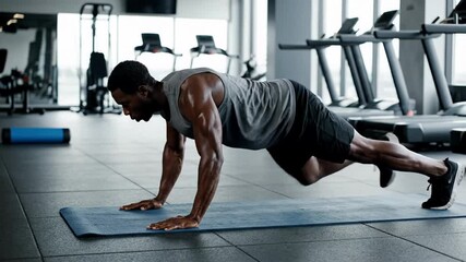 Focused athlete doing push-ups, intense workout in modern gym setting, fitness motivation and strength-building, National Fitness Day inspiration