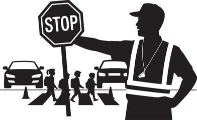 School crossing guard silhouette holds stop sign while children walk across busy crosswalk illustration