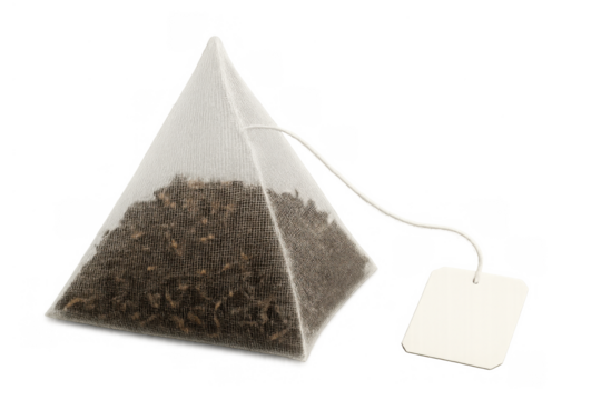Pyramid tea bag with loose leaf tea and string awaiting infusion, morning beverage preparation, transparent background