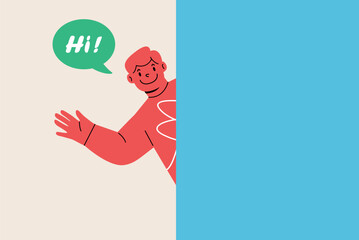 Boy waving hand. Speech bubble hi. Colorful vector illustration