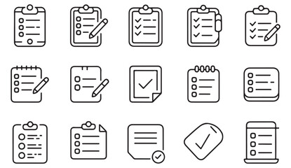 Writing and note-taking line icons with clipboards and certification elements