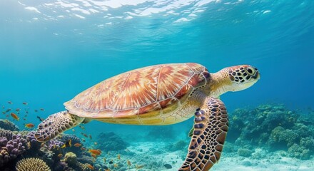 Fototapeta premium Sea turtle swimming in the turquoise water of the indian ocean, maldives