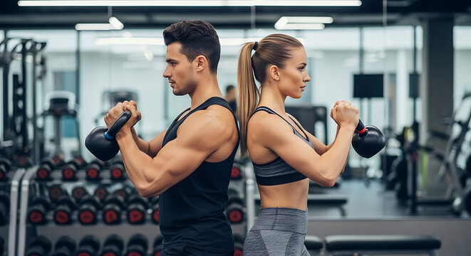Fit couple doing kettlebell workout together in a modern gym - Powered by Adobe