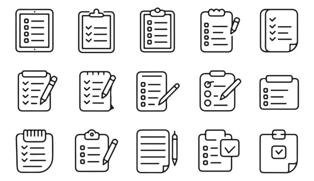 Minimal document, approval form and task list icons for business and planning tools