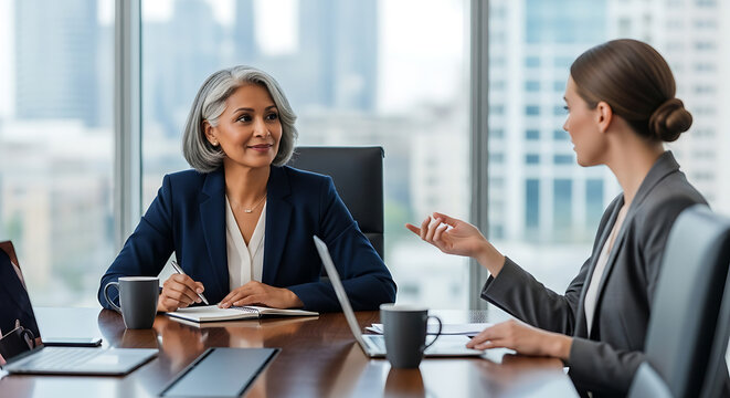 Two professional women in business attire discussing ideas in a modern office meeting room - Powered by Adobe