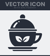 Minimalist vector icon of a teacup with a lid and two leaves, symbolizing healthy herbal beverages and natural wellness concept