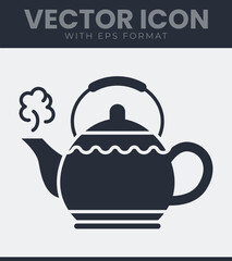 Steaming hot traditional teapot vector icon for warm beverages, tea time, kitchenware and cozy drink concept