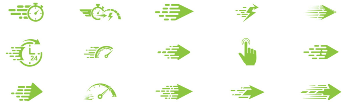 Speed icons vector set, fast performance graphic, isolated velocity measurement symbol, quick time efficiency UI UX collection, rapid loading indicator, acceleration dial