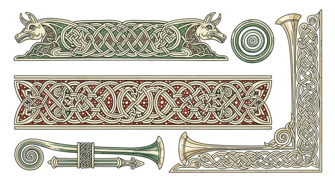 Detailed Celtic Illuminated Border Vector Insular Art Zoomorphic Knotwork and Gold Leaf Accents
