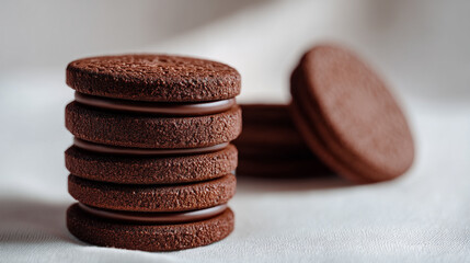 A close up view of a stack of chocolate sandwich cookies with filling on a white surface