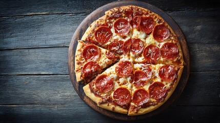 hunger. A delicious pepperoni pizza sits on a rustic wooden board, captured from an overhead angle. representing modern convenience.