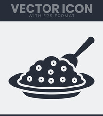 Vector icon of a serving dish filled with food and a spoon, illustrating a meal, restaurant menu, catering or cooking concept