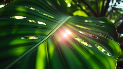 fenestration. Close-up of a lush Monstera leaf with natural fenestrations, bathed in soft diffused sunlight from a tropical canopy. gardening catalogs.