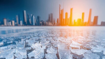 Cityscape Beyond: A cityscape framed by a frozen surface. capturing the interplay of urban architecture against the backdrop of a cold landscape. - Powered by Adobe