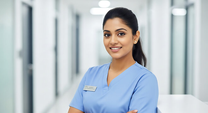 Smiling indian female nurse in blue scrubs standing in a hospital hallway - Powered by Adobe