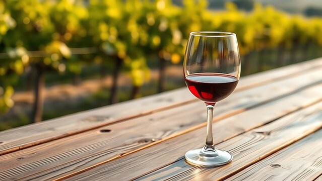 tannin. A rustic wooden table holds a glass of red wine with a softly blurred vineyard in the background, bathed in warm amber light. bar promotions. - Powered by Adobe