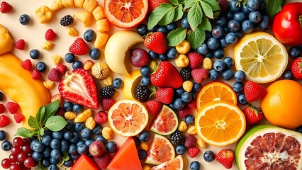 wellknown. A vibrant collection of fruits, berries, and vegetables arranged artistically from above. menu design, packaging mockups, designed for food delivery and cloud-kitchen brand materials.