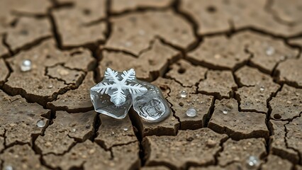 geophysics. Macro view of a single, delicate snowflake melting on dry, cracked earth, symbolizing climate fragility. ESG reports.
