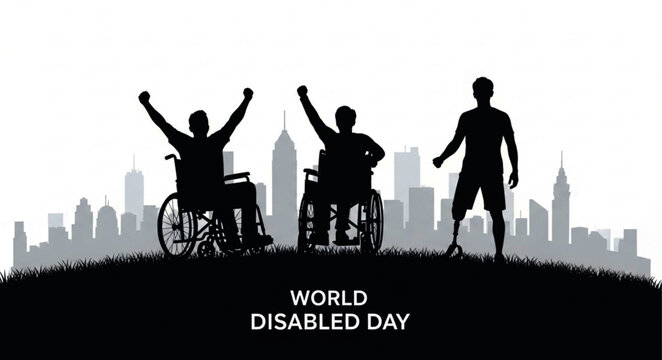 Silhouette of Three People Celebrating World Disabled Day, Overjoyed and Empowered.