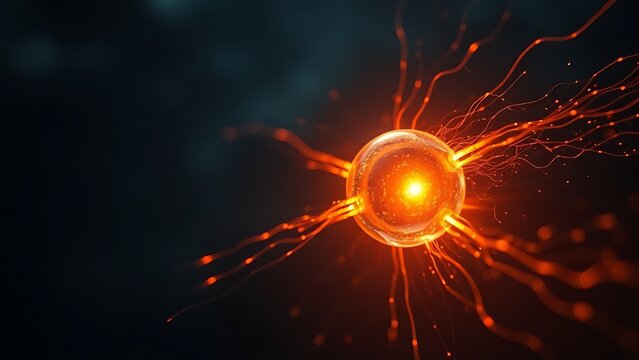 subjective. A single, glowing primordial cell dividing rapidly in a dark aquatic environment with vibrant energy trails. STEM education sheets.