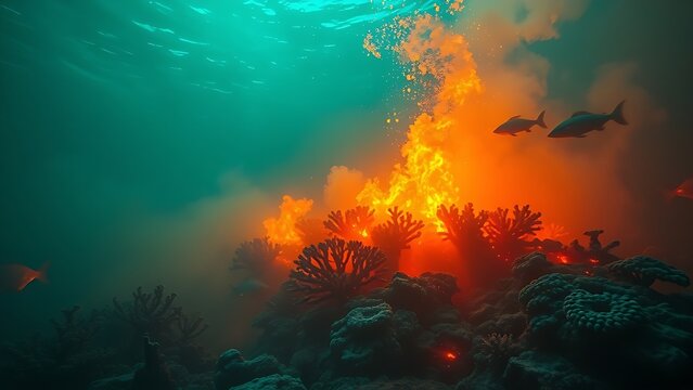 toxicology. A terrifyingly beautiful underwater scene where the coral reef is consumed by an acidic neon-green and orange haze. ESG reports.